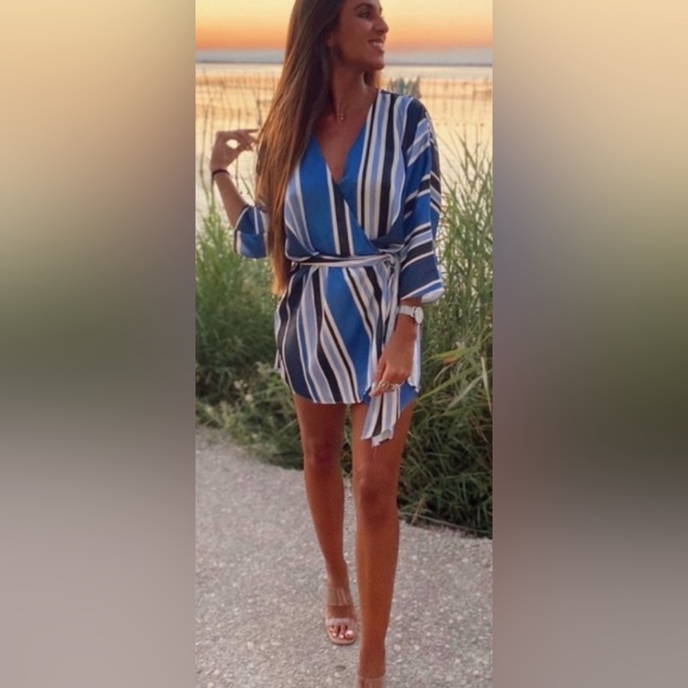 ZARA Spring Blue and White Stripe Satin Wrap Mini Romper Dress - Sz. Small - Picture 7 of 7
